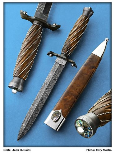 Mosaic Damascus  Dagger-Starburst Damascus blade with Ambonia Burl  fluted handle with Nickel Silver