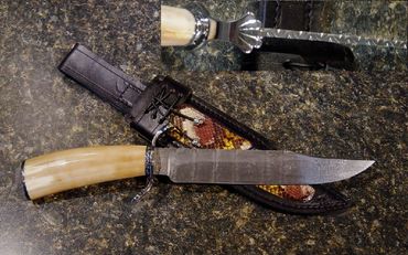 Damascus Bowie knife -Ladder pattern Damascus blade with Walrus ivory handle-Sheath Snake skin inlay