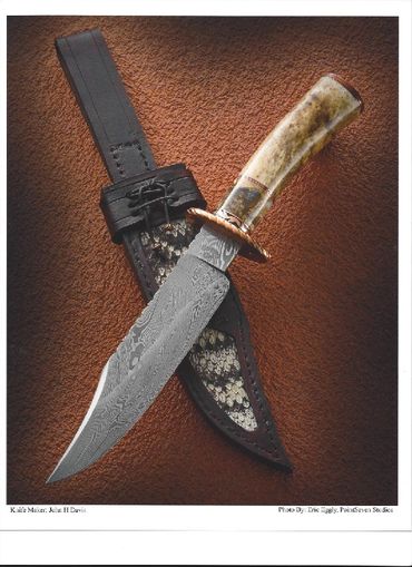 Bowie -Damascus blade with Mammoth Tooth spacer and Oosic Handle and Copper Guard-Rattlesnake inlay