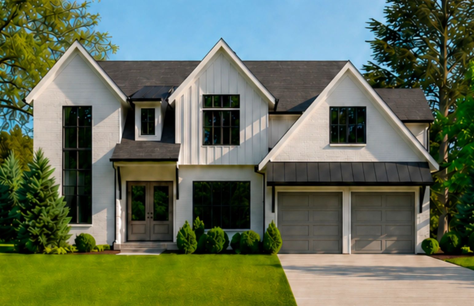 Modern two-story house with large windows and a double garage.