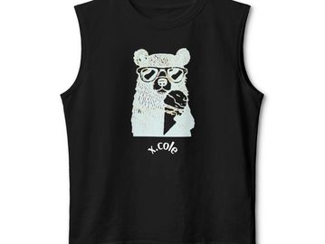Black sleeveless shirt with a bear wearing sunglasses and holding an ice cream cone graphic.