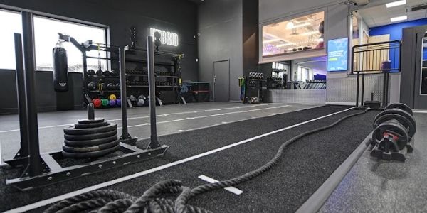 Modern gym with battle ropes and weight plates.