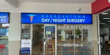 Entrance of Harbourtown Day/Night Surgery with clear signage and open hours.