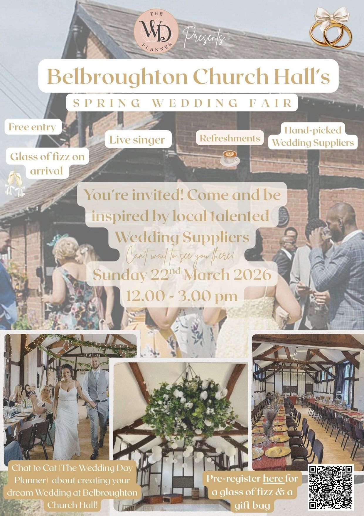 Belbroughton Church Hall's Spring Wedding Fair with live singer, refreshments, and hand-picked suppliers.