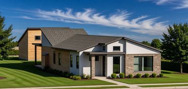 A modern single-story house with a stone facade and a wooden garage under a blue sky.