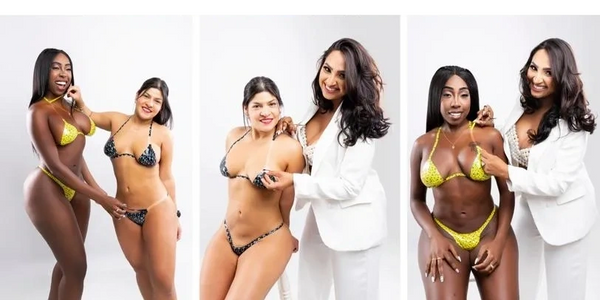 Mujeres piel color bronceado dónde se visualiza el bikini personalizado hecho con cintas 