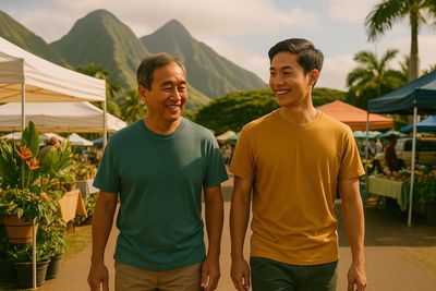 Two asian men walking through a local outdoor swap meet. 