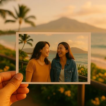 A hand holding a photo of a photo capturing two Asian women in their 40’s sharing a laugh.