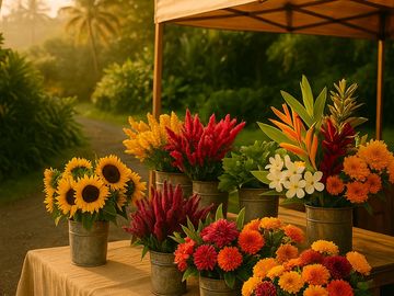 Farmers market table with Hawaii local flowers.