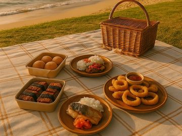 An open picnic blanket with a view of ocean and mountains with a picnic basket and local food.