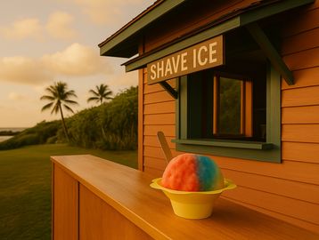 Shave Ice stand next to palm trees.