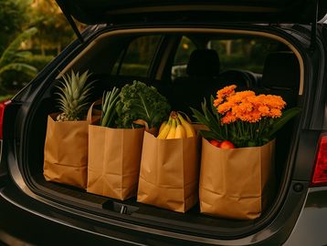 Local grocery bags in a trunk with fresh produce + flowers
