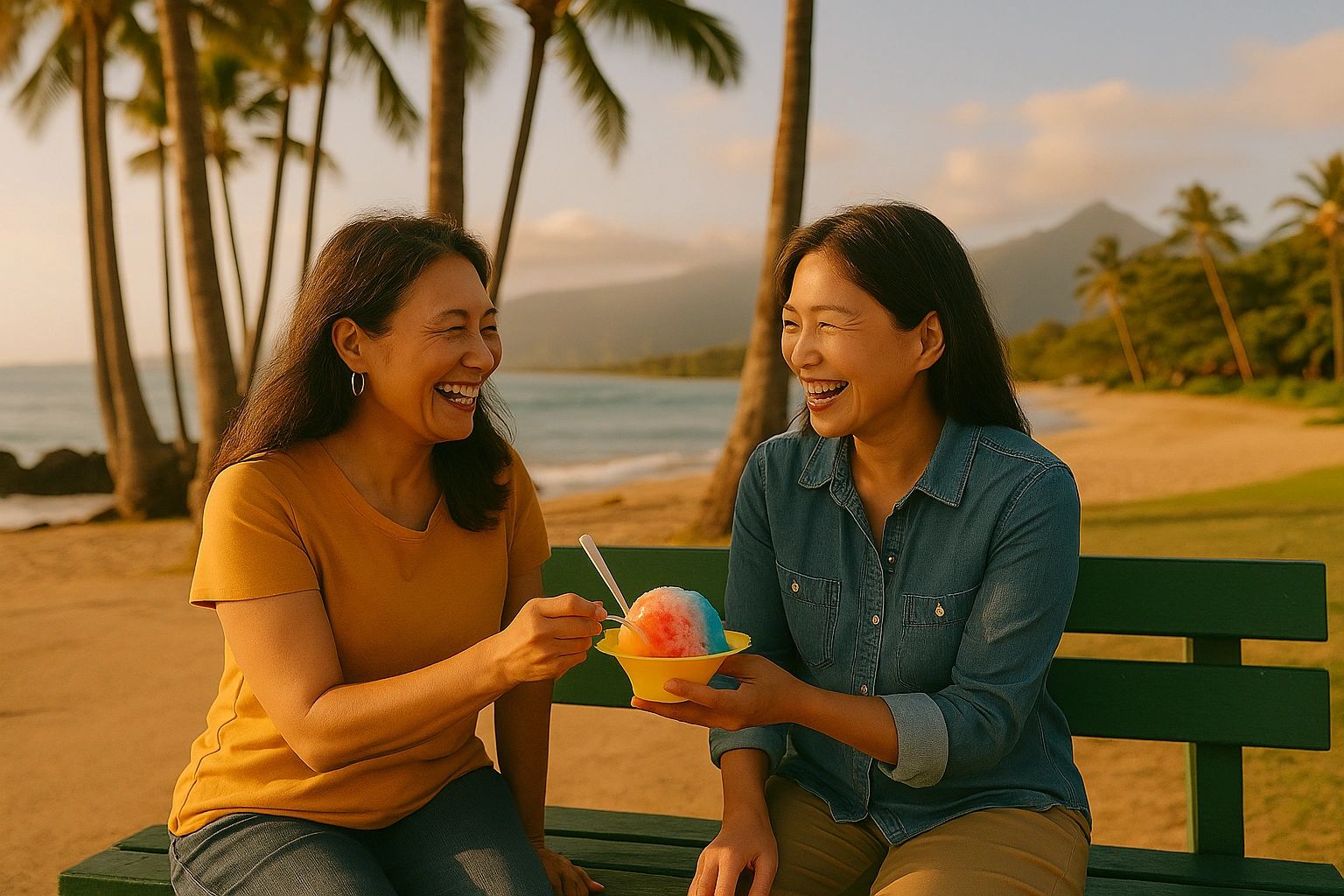 Two Asian ladies sharing shave ice at a beach park.