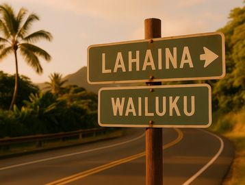 Old wooden sign says Lahaina with arrow and Wailuku.