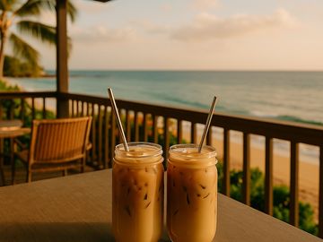 Two iced lattes on a shaded lanai with ocean view.