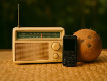 Vintage radio and a phone next to a coconut — playful take on “wireless”