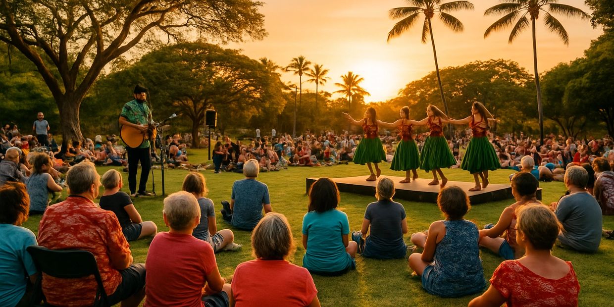 A wide outdoor setting with people watching local musicians or dancers.