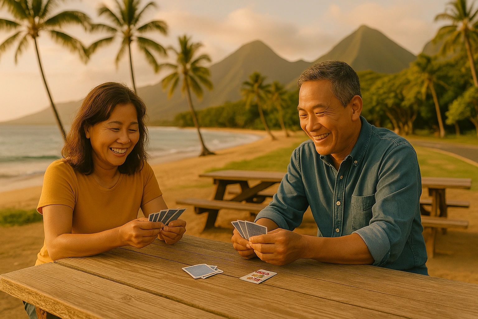 Two Asians in their 40’s playing cards on the beach.