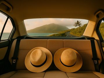 A scenic backseat view with two sun hats resting inside.
