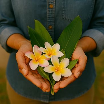 A close-up of hands offering fresh plumerias and ti leaves