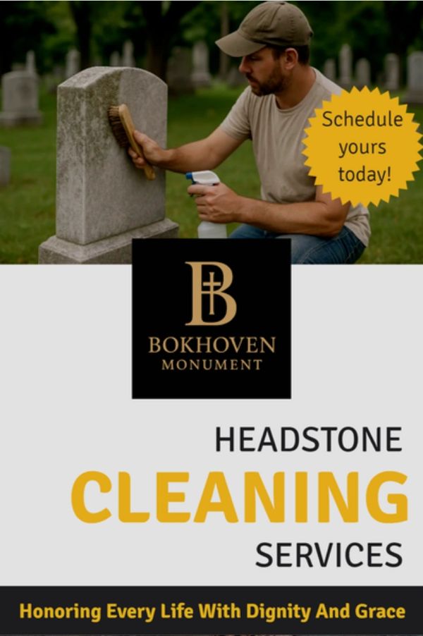 Man cleaning a headstone in a cemetery for Bokhoven Monument services.