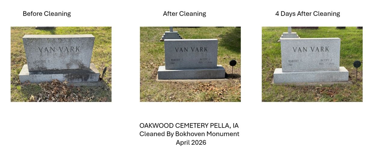 Three images showing a Van Vark gravestone before, after, and four days after cleaning.