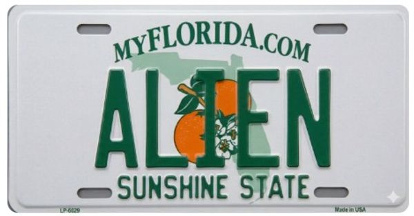 Florida license plate with 'ALIEN' text and orange graphic.