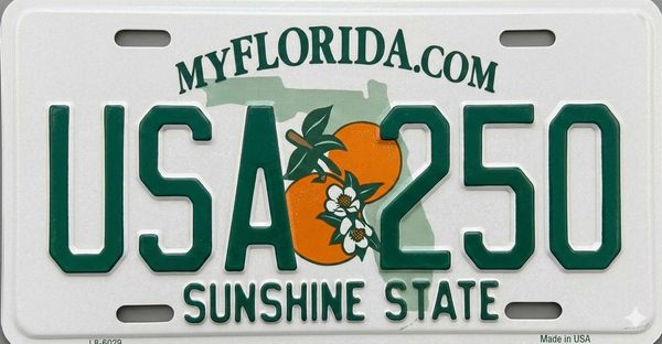 Florida license plate with orange graphics and "Sunshine State" text.