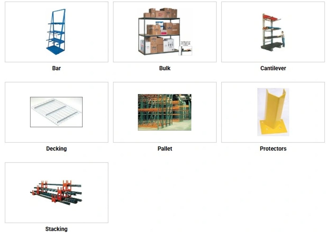 Various types of industrial storage racks and accessories