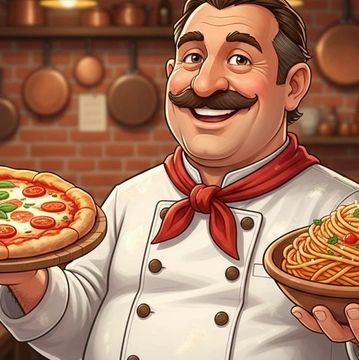 Smiling chef holding pizza and spaghetti dishes in a cozy kitchen.
