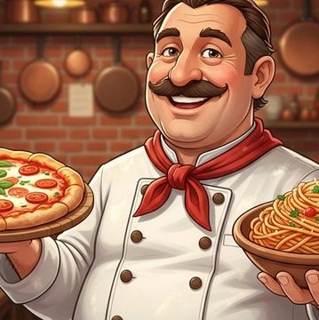 Smiling chef holding pizza and spaghetti dishes in a cozy kitchen.