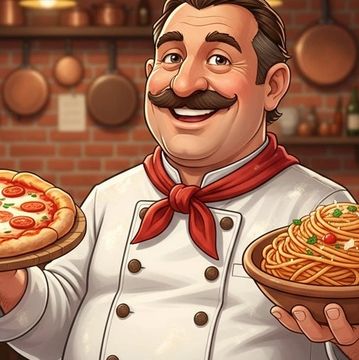 Smiling chef holding pizza and spaghetti dishes in a cozy kitchen.