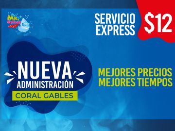 Promotional ad for express service at $12 with new management in Coral Gables.