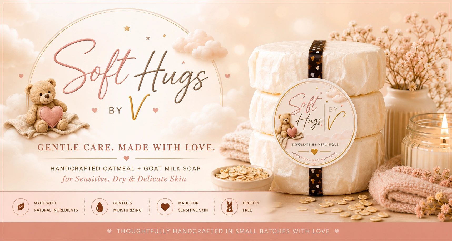 Soft Hugs by V handcrafted oatmeal and goat milk soap for sensitive skin.