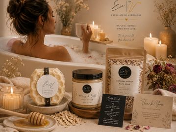 Woman relaxing in a candlelit bath surrounded by natural skincare products.