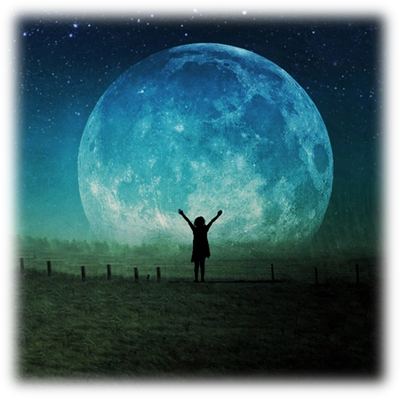 Silhouette of a person raising arms in front of a giant moon under a starry night sky.