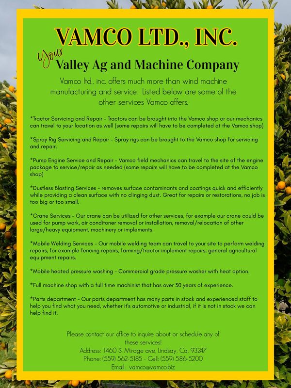 VAMCO Ltd., Inc. offers agricultural machinery services and repairs in Lindsay, CA.