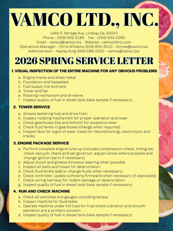 2026 Spring Service Letter from Vamco Ltd., Inc. detailing machine inspection and maintenance.