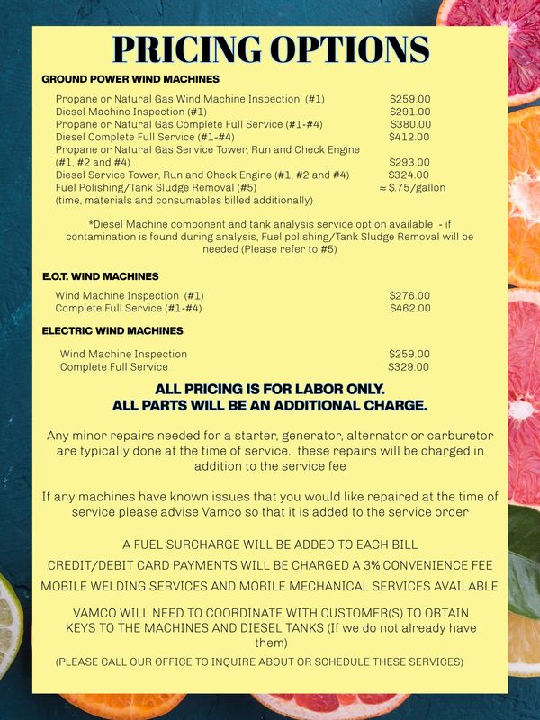 Pricing options for ground, E.O.T., and electric wind machine inspections and services.