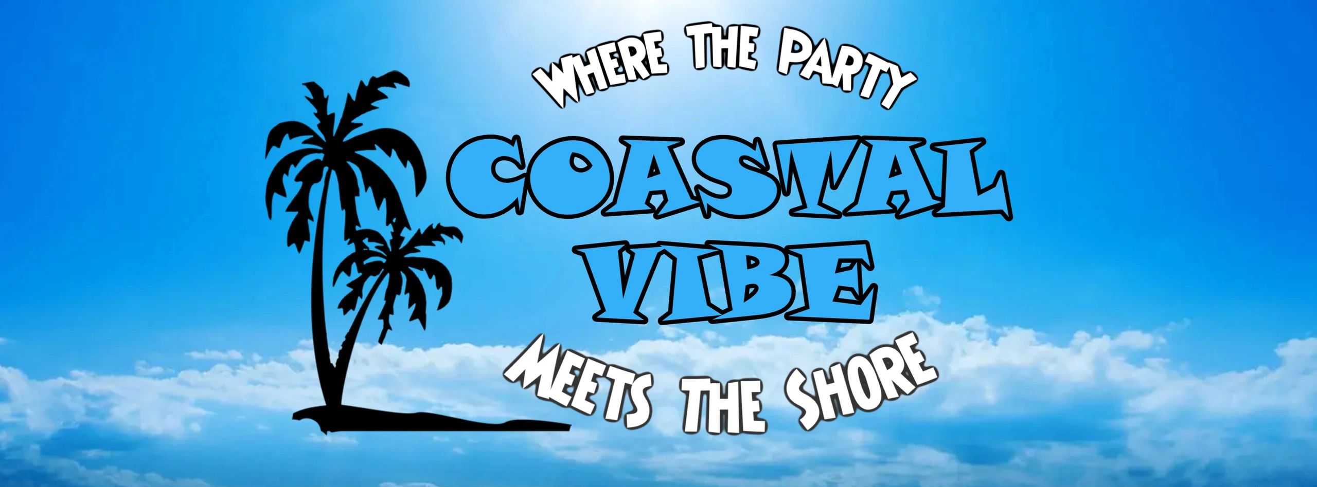 Coastal party vibe with palm trees and blue skies.