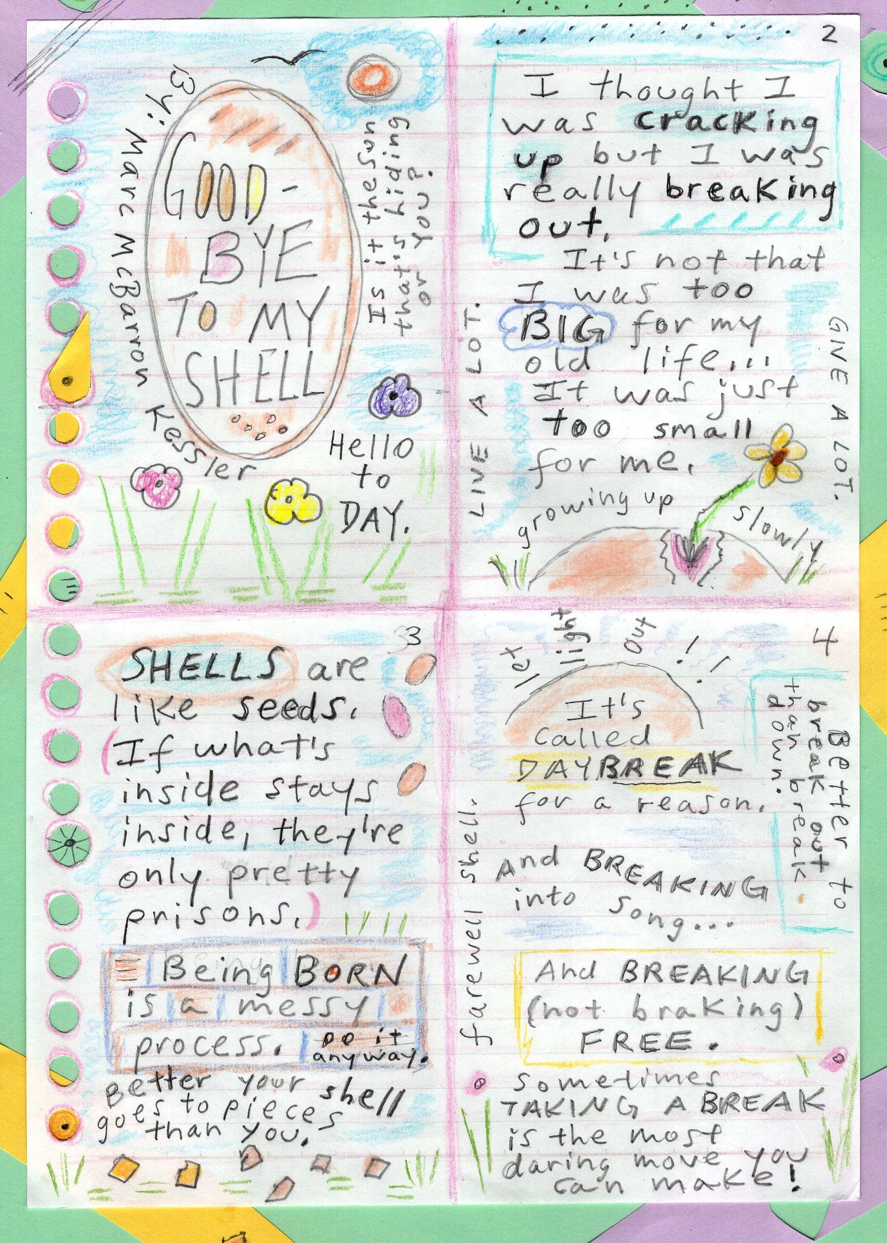 Colorful handwritten journal page about shells and growth.