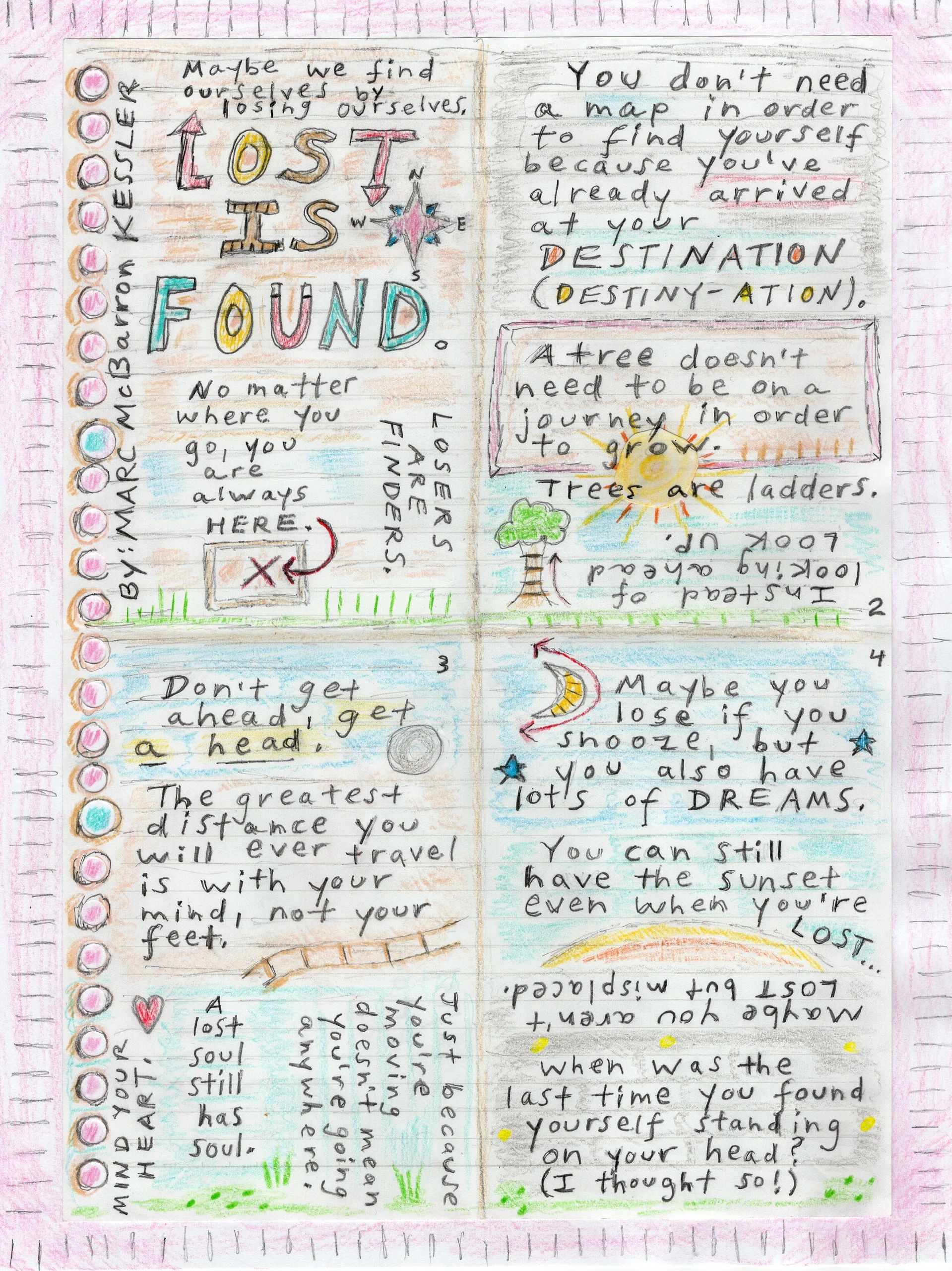 Colorful handwritten inspirational quotes about being lost and found.