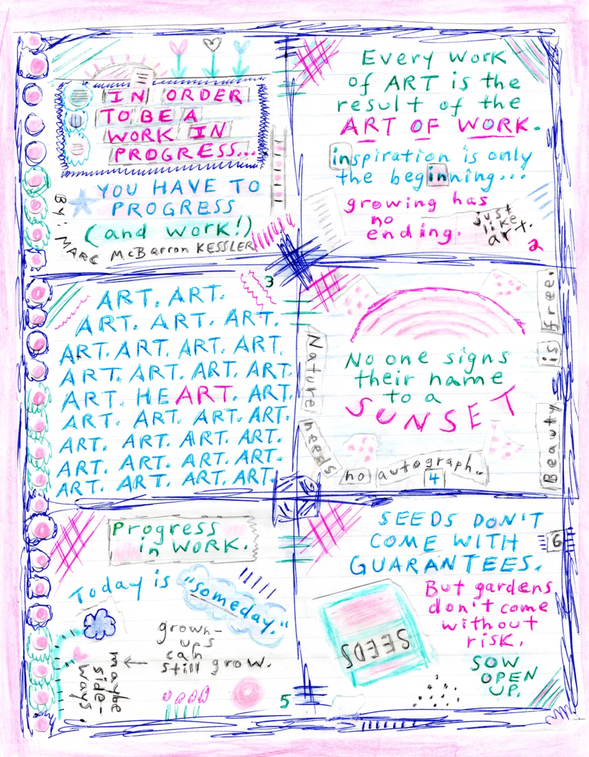Colorful handwritten motivational quotes about art, work, and growth.