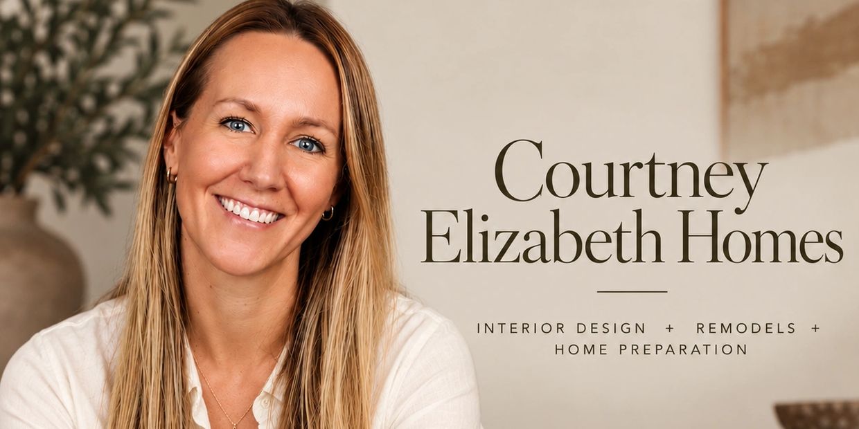 Smiling woman with text about interior design and home preparation services.