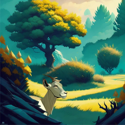 A goat peeks out in a vibrant, animated forest.