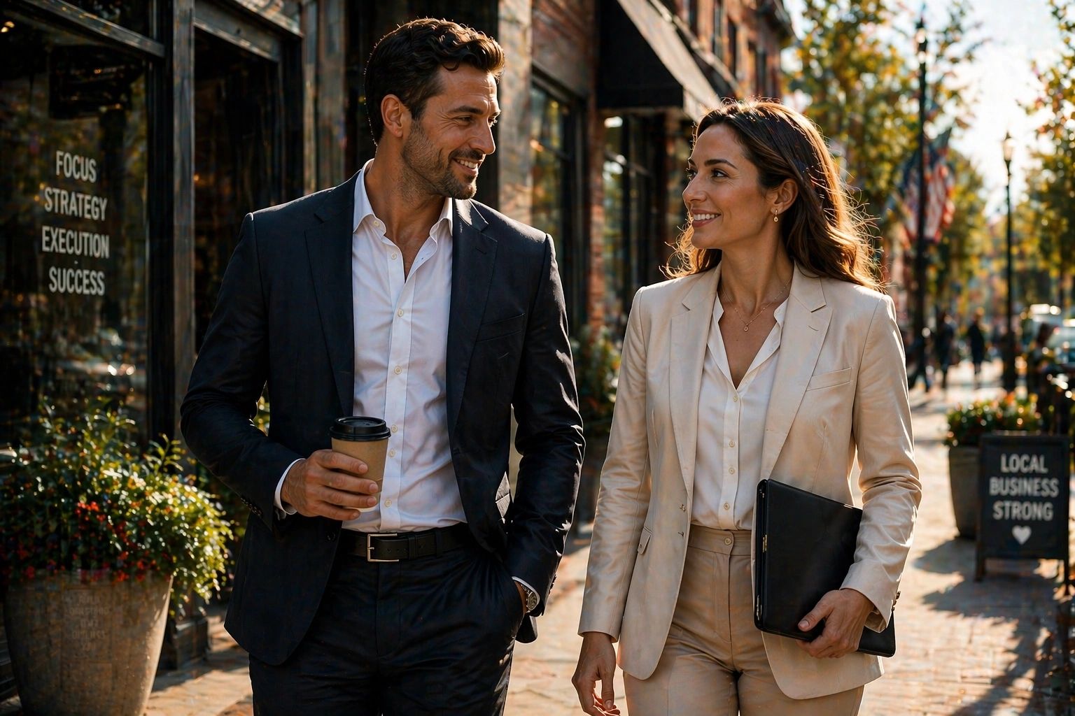 Two professionals walking and smiling on a sunny street with coffee and a folder.
