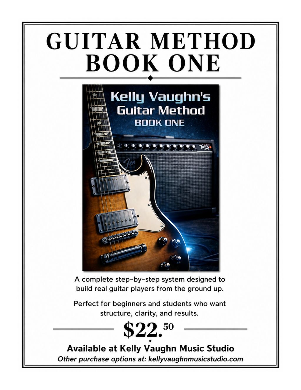 Guitar Method Book One by Kelly Vaughn, perfect for beginners, priced at $22.50.