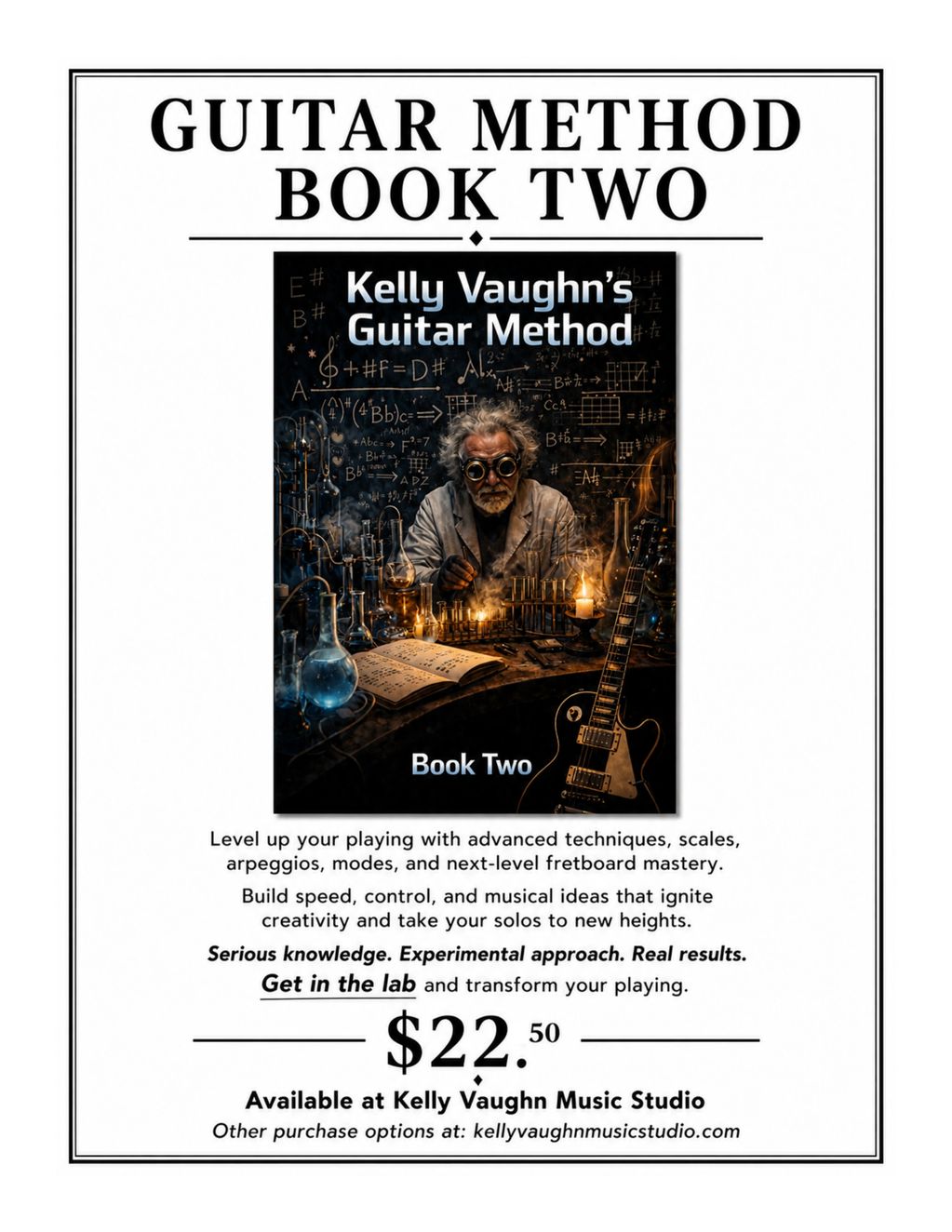 Advertisement for Kelly Vaughn's Guitar Method Book Two with advanced techniques and creativity.