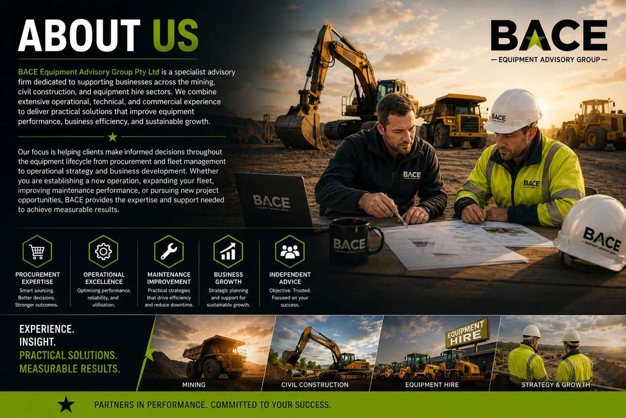 Two men in safety gear discussing plans at a mining site with heavy machinery.