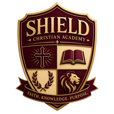Shield Christian Academy emblem with cross, book, laurel, and lion symbols.